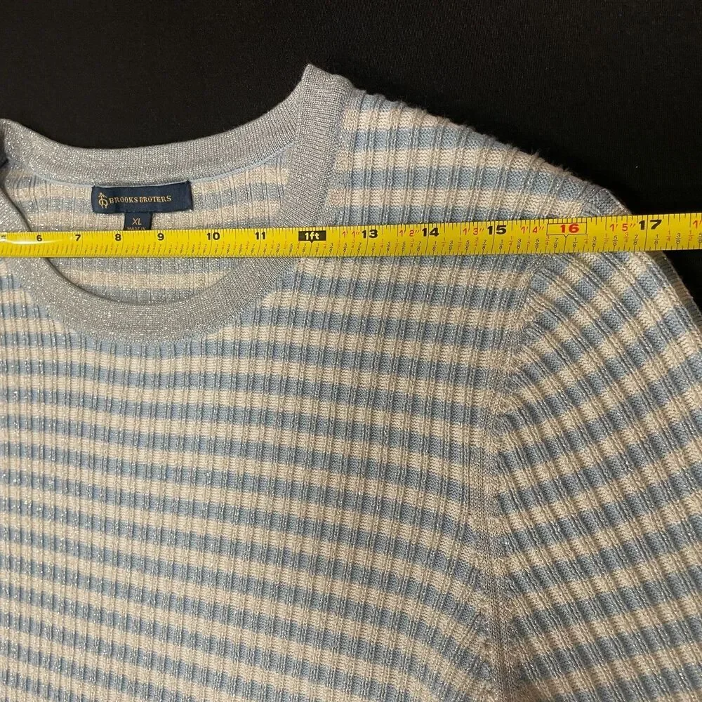~ Brooks Brothers XL Sweater Short Sleeved Striped Metallic Ribbed Knit Lt Blue